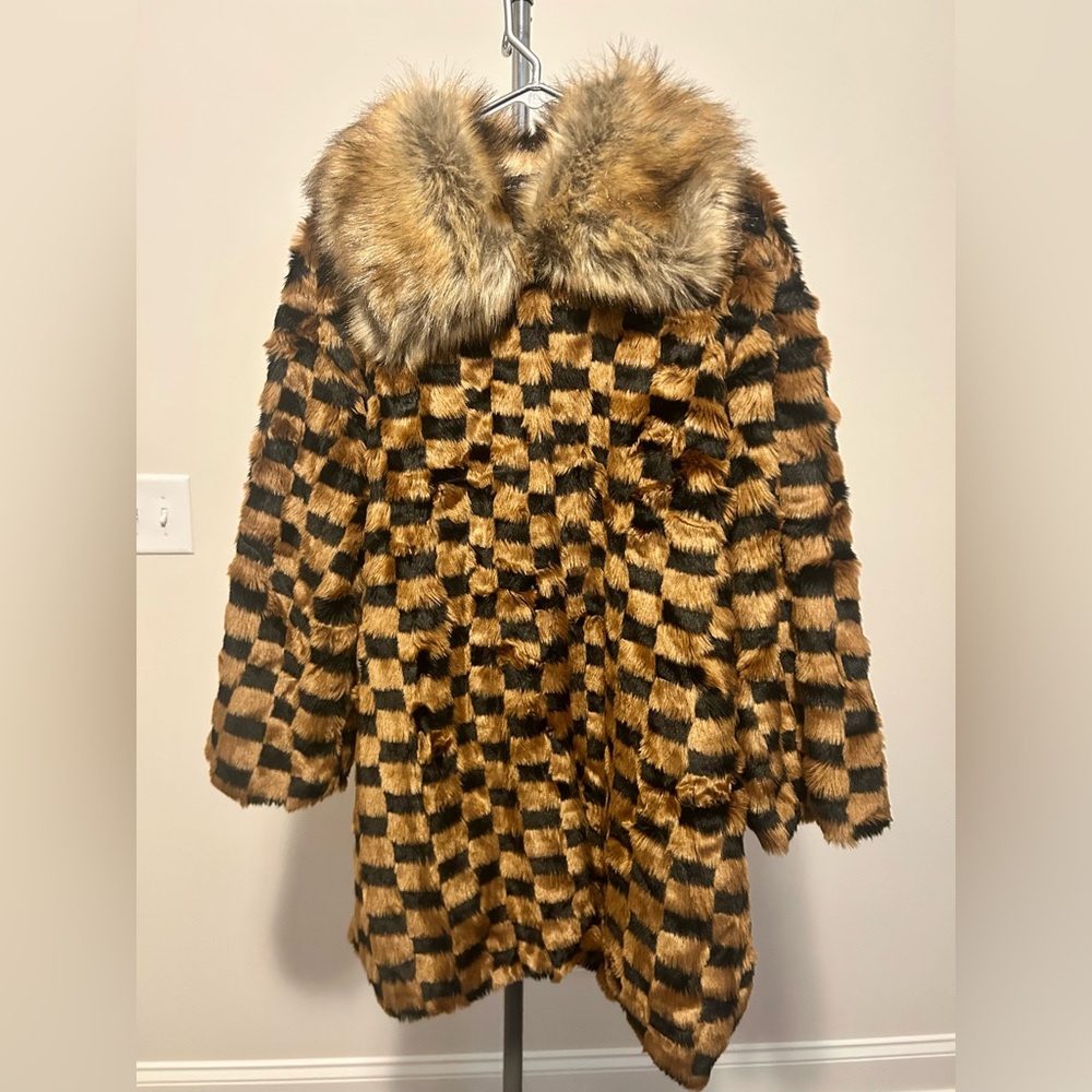 Faux Fur Checkered Coat with Fur Collar